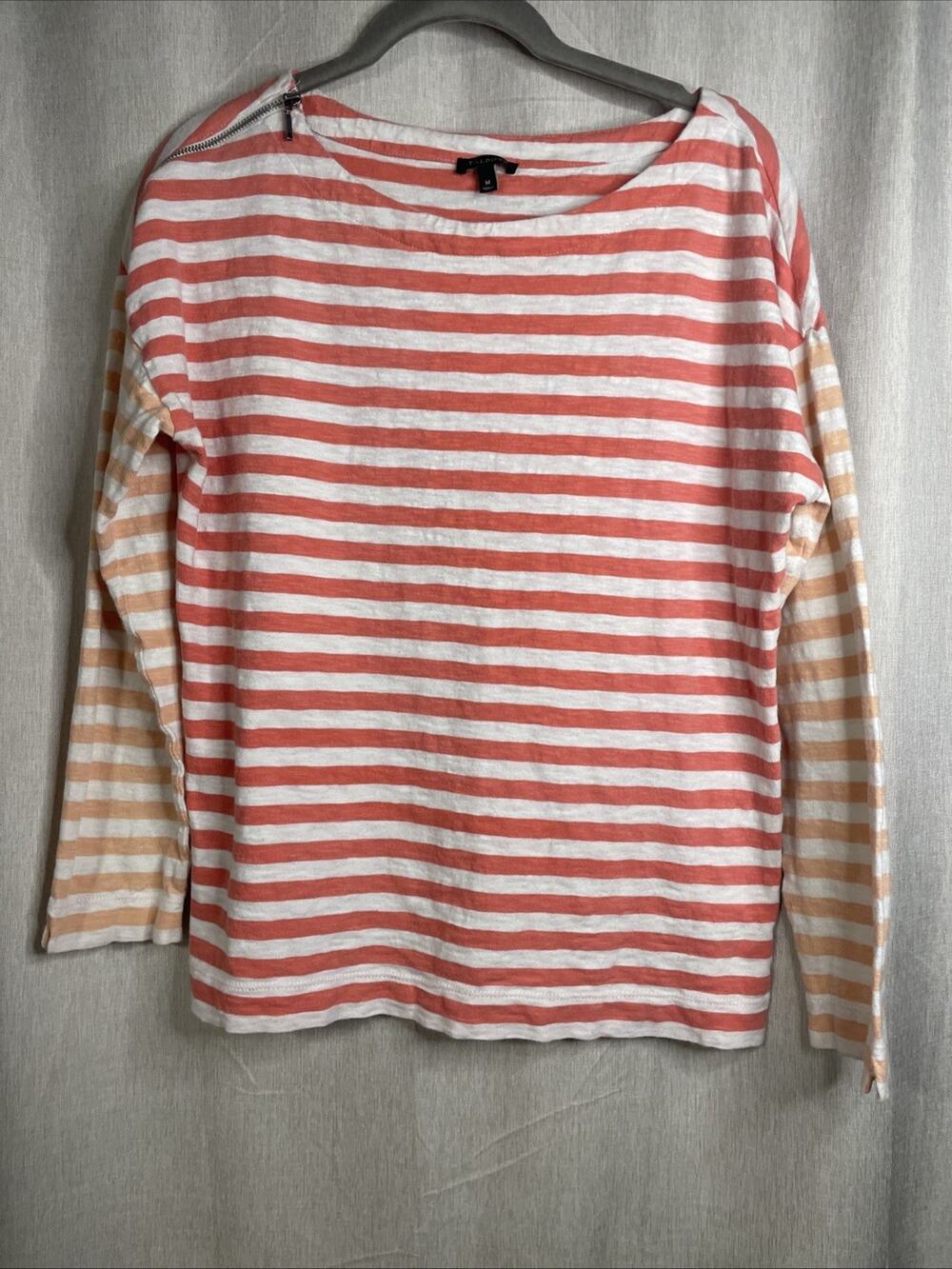 Talbots Women’s Medium Long Sleeve Top W/ Stripes & Zipper Detail - 100% Cotton